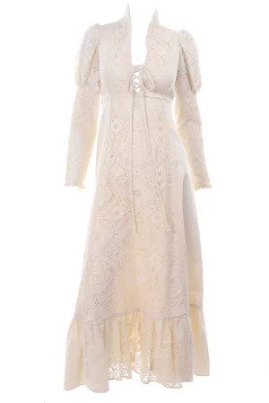 1970s Gunne Sax Cream Wedding Dress w/ Lace Leg of Mutton Sleeves