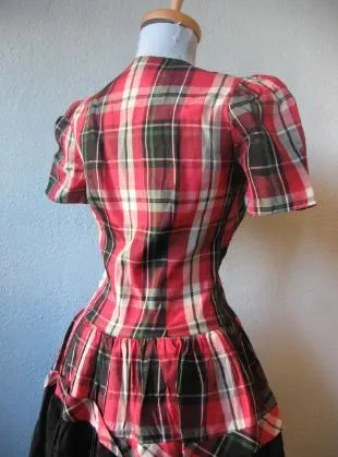 40s Women's Dress Party Vintage Tartan Plaid Taffeta Red Black Puff Sleeve Small VFG