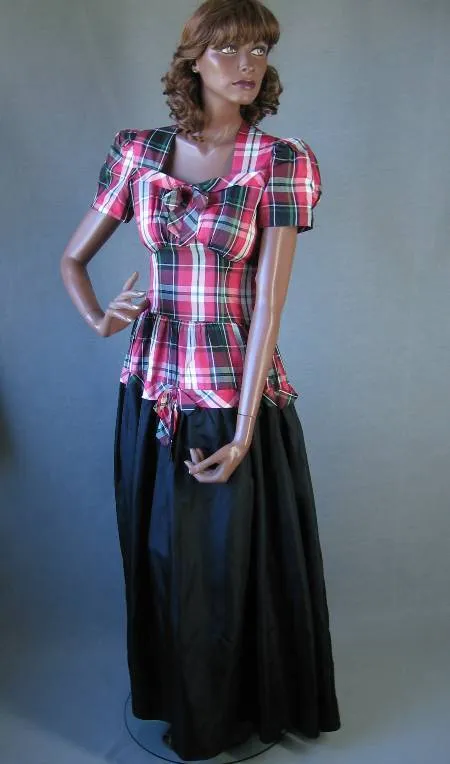 40s Women's Dress Party Vintage Tartan Plaid Taffeta Red Black Puff Sleeve Small VFG