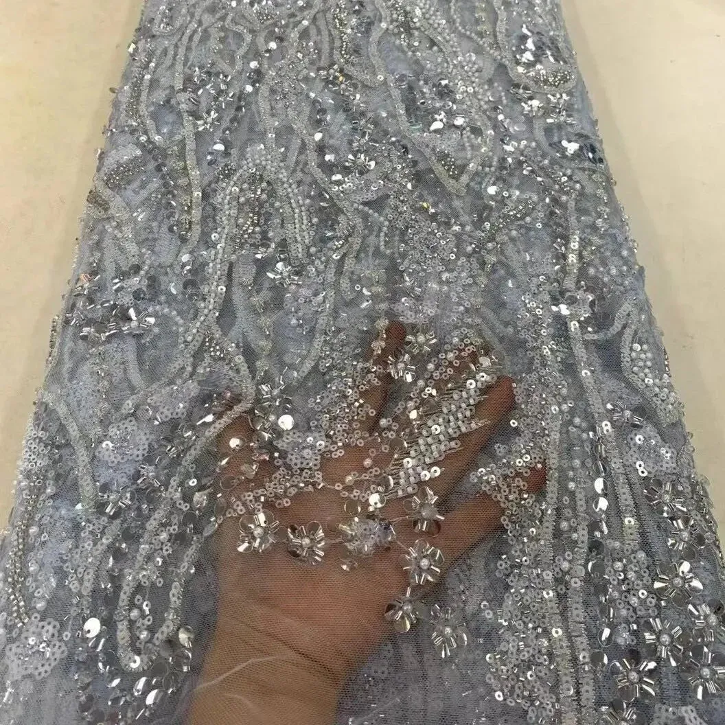 5 YARDS / 8 COLORS / Normelis Beaded Embroidery Glitter Mesh Lace  Party Prom Bridal Dress Fabric