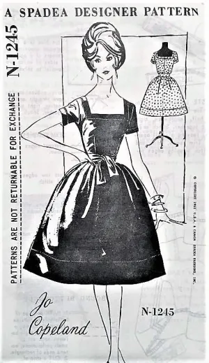 50s BEAUTIFUL Jo Copeland Cocktail Party Dress Pattern SPADEA 1245 Square Neckline Bell Shape Skirt Evening Dress Bust 34 Vintage Sewing Pattern