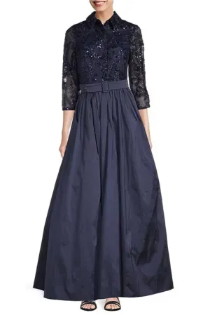 Aidan Mattox Sequin Collar Neckline 3/4 Sleeve Belted Ball Gown - Wholesale