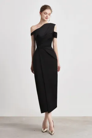 Bauhinia Pencil Pleated Shoulder Silk Spandex Midi Dress