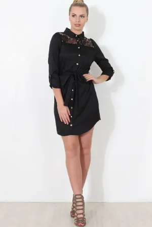 Black Lace Detail Shirt Dress- Elvi