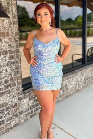 Blue Iridescent Bodycon Mini Cocktail Dress with Sequins