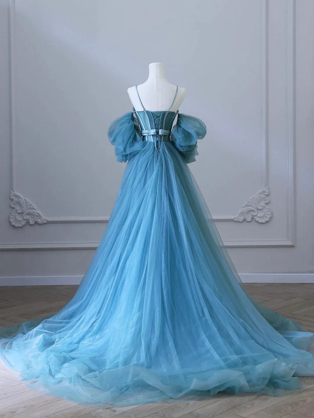 Blue Tulle Long Spaghetti Strap Prom Dress and Corset, Detachable off Shoulder Party Dress