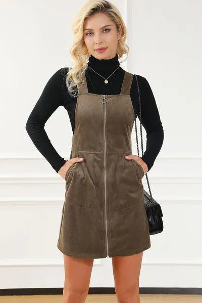 Chic Layer Zip Up Wide Strap Pinafore Mini Dress