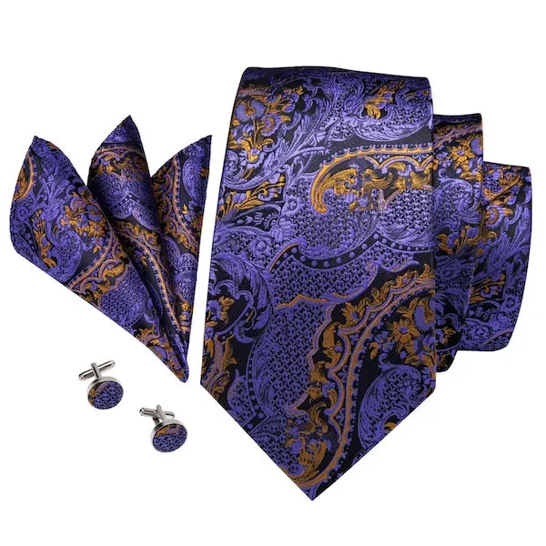 Classy Men Purple Gold Floral Silk Tie