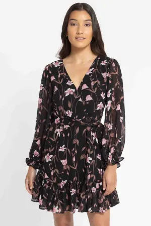 Cleo Black Floral LS Frill Mini Dress