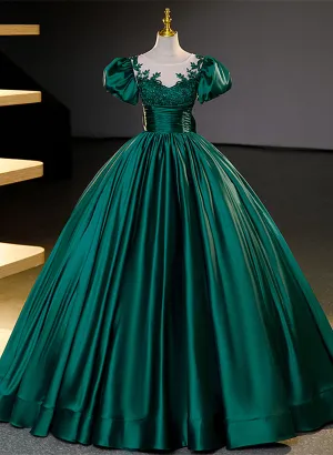 Dark Green Satin Ball Gown Sweet 16 Dress, Green Long Formal Dress Party Dress