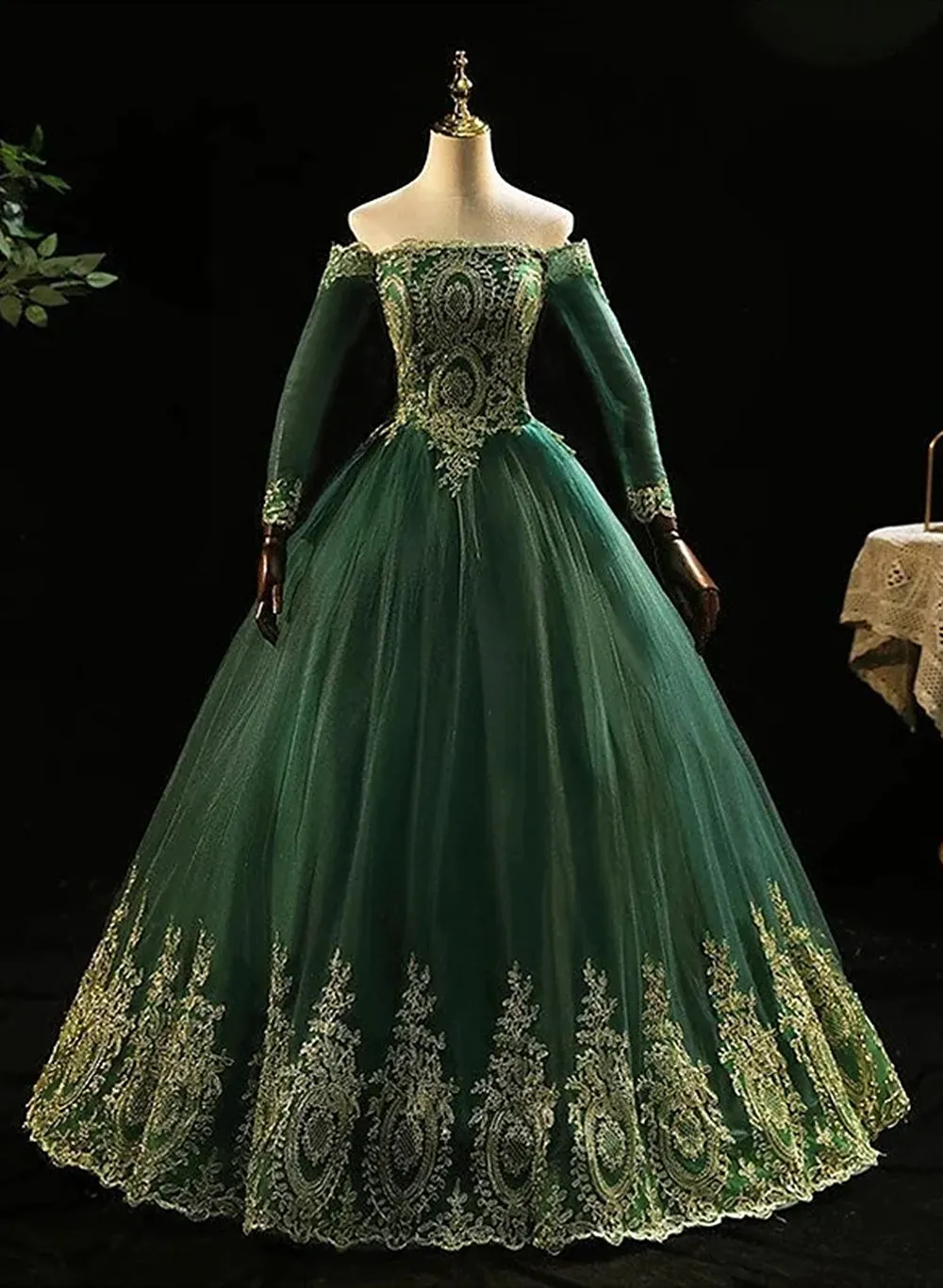 Dark Green Sleeves with Gold Lace Sweet 16 Dress, Dark Green Long Formal Dress