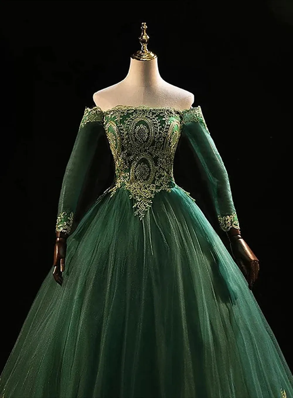 Dark Green Sleeves with Gold Lace Sweet 16 Dress, Dark Green Long Formal Dress