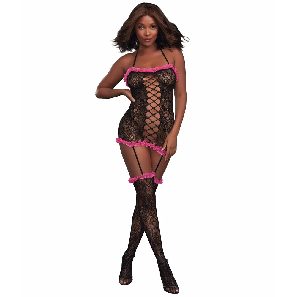 Dreamgirl Lingerie Body Stocking Dress Pink and Black 0187