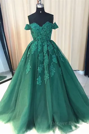 Gorgeous Off Shoulder Green Lace Long Prom Dresses Green Lace Formal Evening Dresses Green Ball Gown