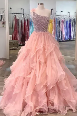 Gorgeous One Shoulder Beaded Pink Long Prom Dresses Fluffy Pink Formal Evening Dresses Beaded Ball Gown