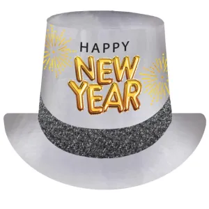 Happy New Year Glittered Top Hat Black, Silver & Gold Each