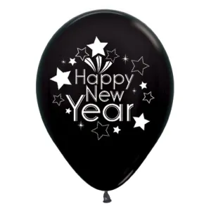 Happy New Year Metallic Black Latex Balloons 30cm 6pk