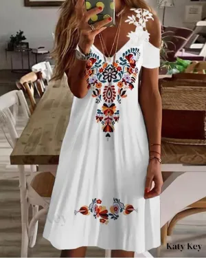 KatyKey - Chic and Elegant Floral Lace Patch Cold Shoulder Dress
