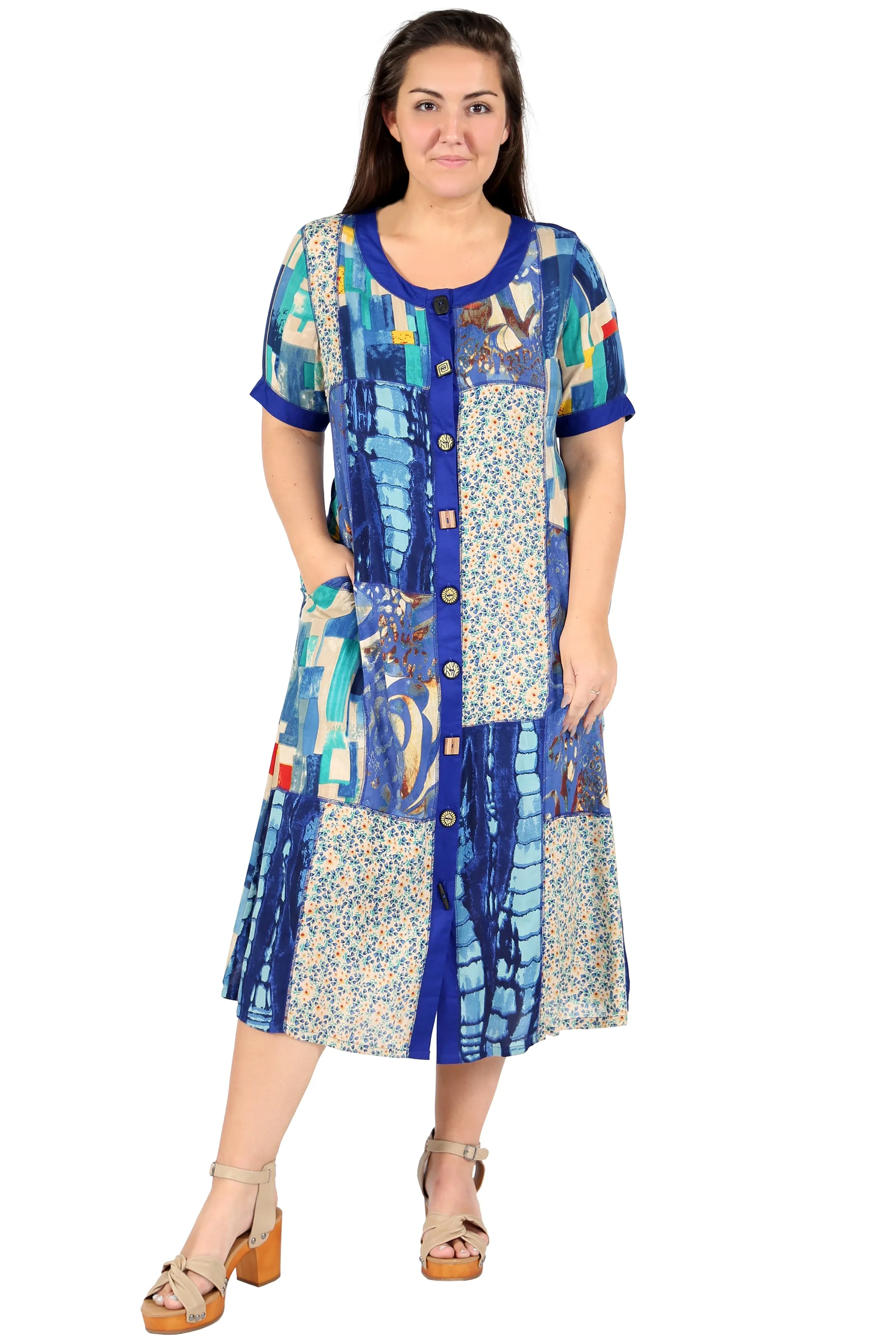 La Cera Multi Patchwork Plus Size Short Sleeve Dress