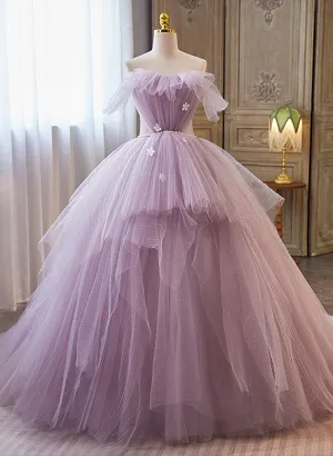 Light Purple Tulle Ball Gown Long Sweet 16 Dress, Off Shoulder Light Purple Formal Dress