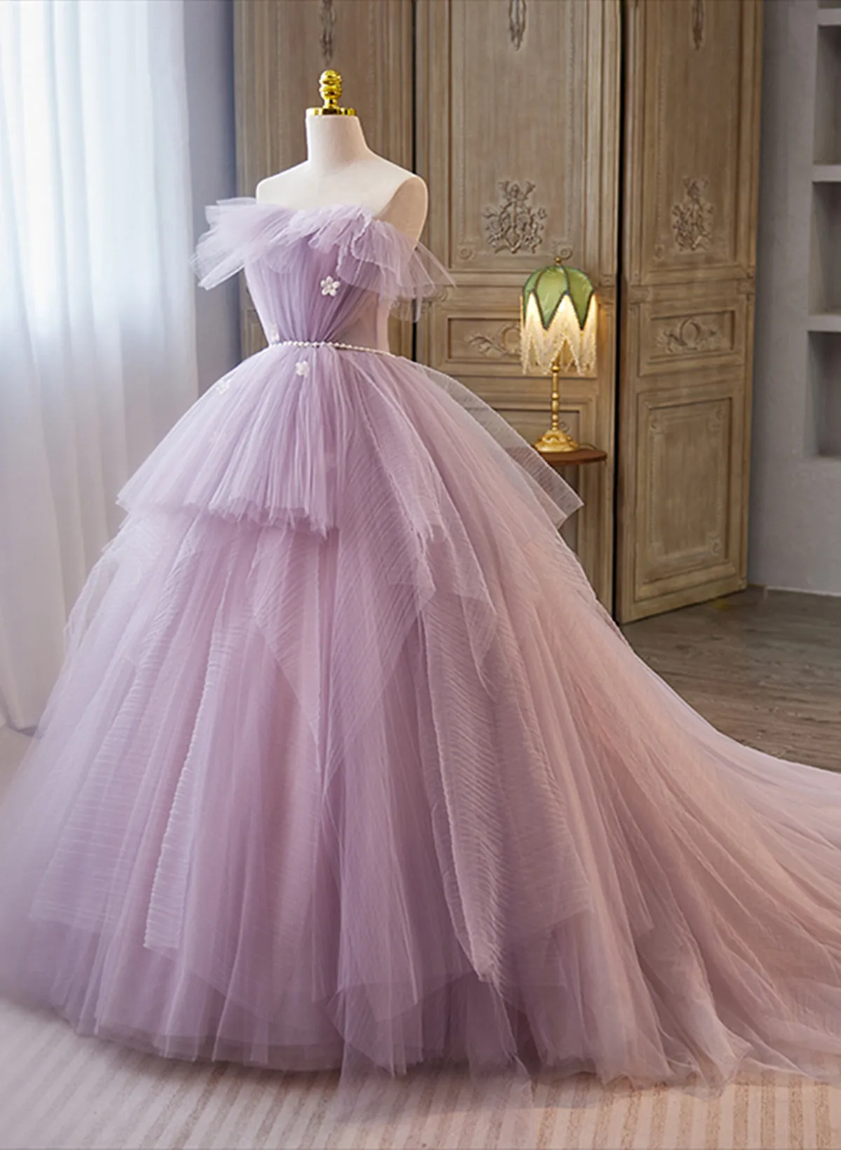 Light Purple Tulle Ball Gown Long Sweet 16 Dress, Off Shoulder Light Purple Formal Dress