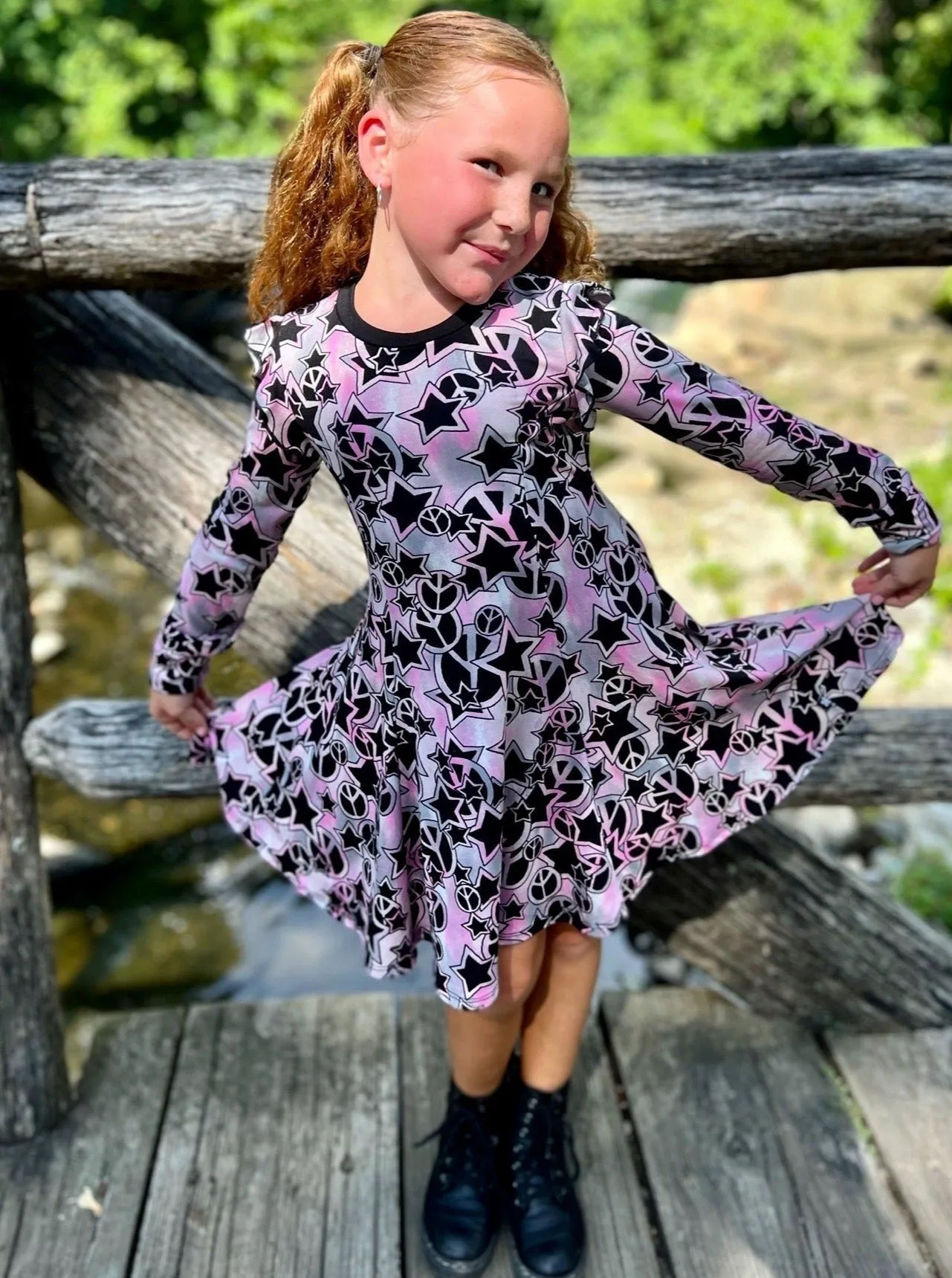 Long Sleeve Ruffle Twirl Dress - Pink Black Peace Star