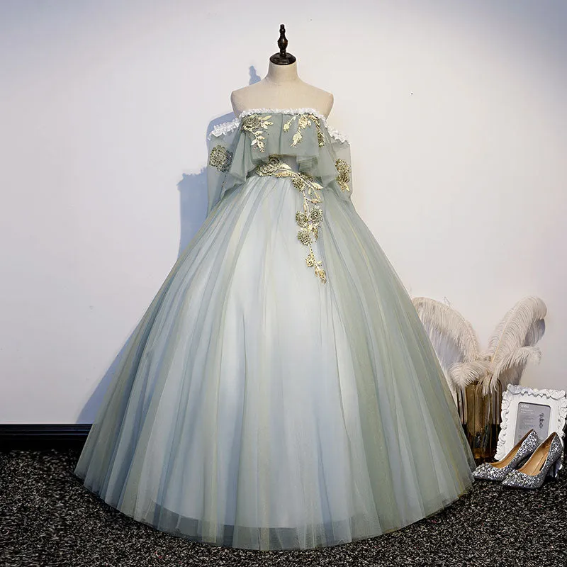 Lovely Off Shoulder Light Green Ball Gown Sweet 16 Dress, Charming Lace Long Formal Dress