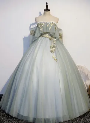 Lovely Off Shoulder Light Green Ball Gown Sweet 16 Dress, Charming Lace Long Formal Dress