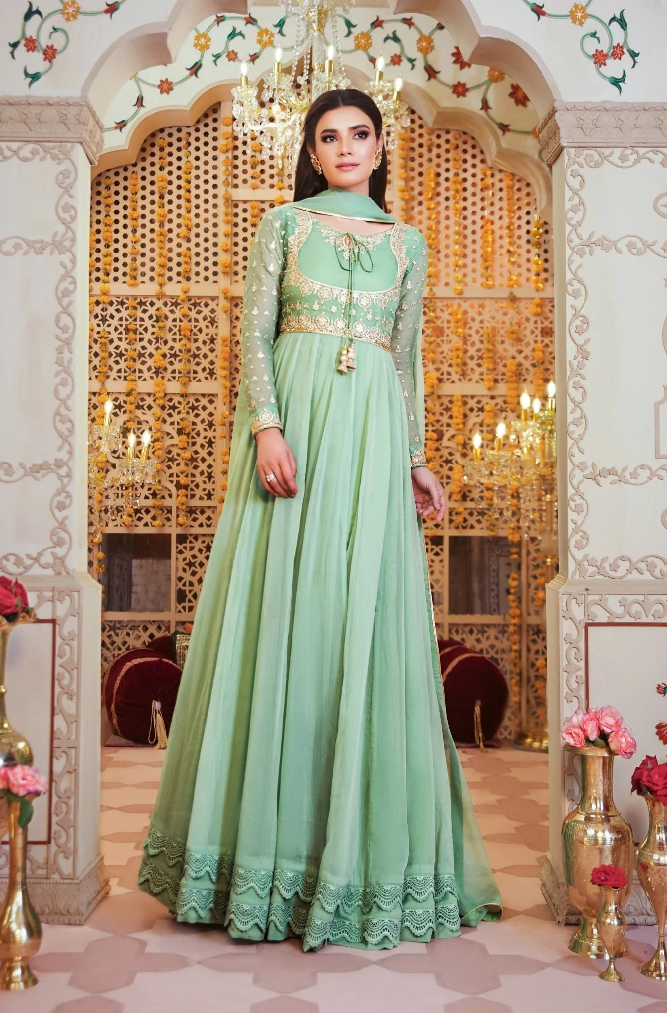 Mint Green Embroidered Anarkali Gown (Princess Pistachio)