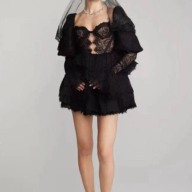 Molly Long Sleeve Lace Corset Ruffle Mini