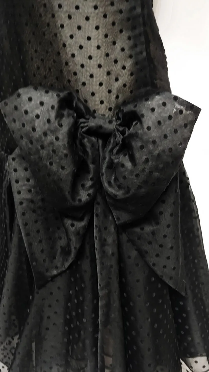 NEW OLD STOCK - VINTAGE '80s ALBERT NIPON BOUTIQUE SILK VELVETY SWISS DOTS FLOCKED DRESS WITH HUGE BOW