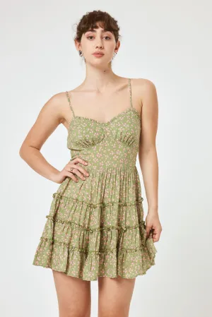 Olive Floral Lace Up Back Ruffle Dress