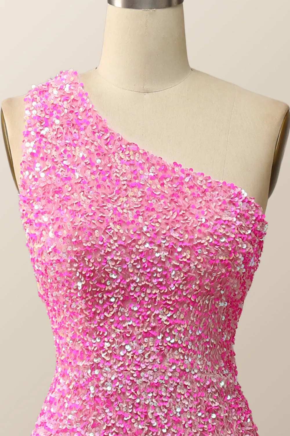 Pink Glitters One Shoulder Mermaid Long Dress