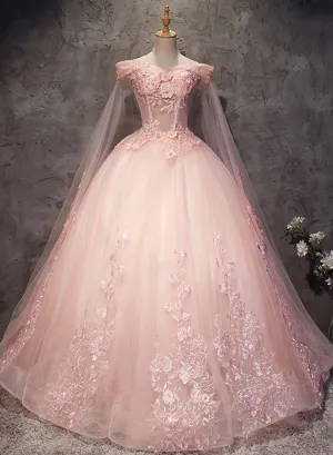 Pink Long Tulle with Lace Applique Ball Gown Sweet 16 Dresses, Pink Formal Dresses