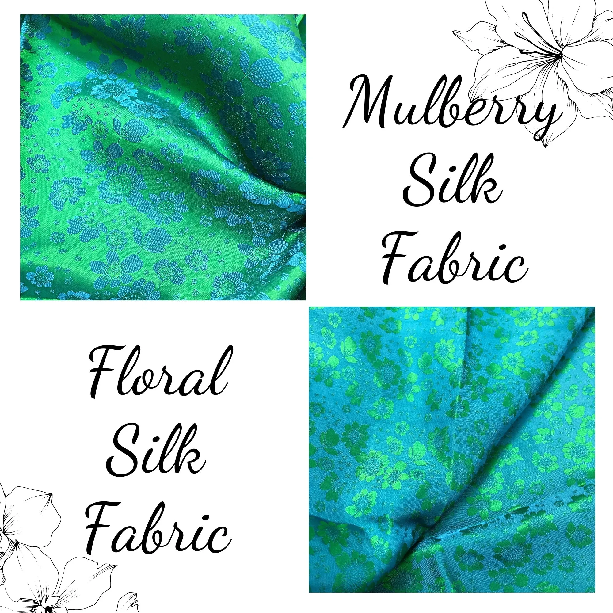 PURE MULBERRY SILK fabric by the yard - Green floral silk fabric - Handmade fabric – Dress making – Silk apparel fabric - Gift for women