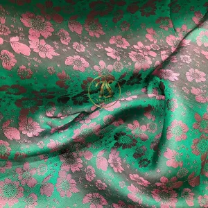 PURE MULBERRY SILK fabric by the yard - Green silk with pink floral pattern fabric - Handmade fabric – Dress making – Silk for sewing - Gift for women