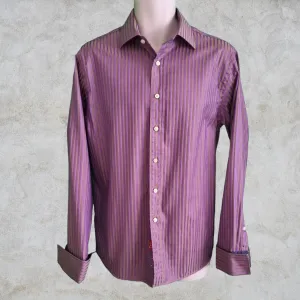 Rufus Men's Brown/Gold with Lilac stripes Long Sleeve Button Front Shirt Contrasting Flip Cuff. Size M