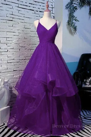 Shiny V Neck Purple Long Prom Dresses Long Purple Formal Evening Dresses Purple Ball Gown