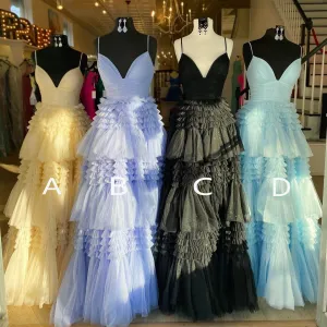 Sparkly Spaghetti Straps Tiered Tulle Prom Dress New Long Party Gown