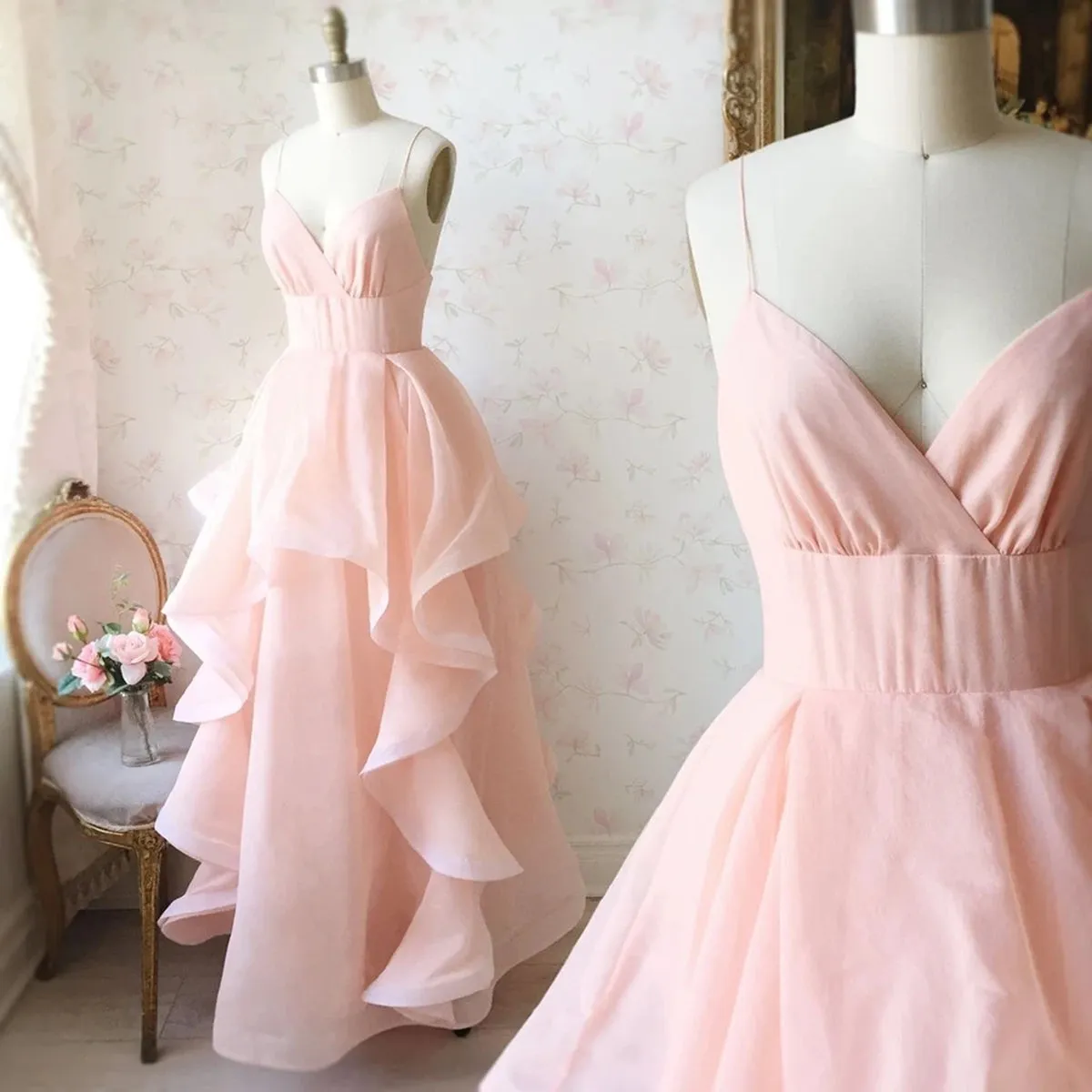 Stylish V Neck Long Pink Prom Dresses, Fluffy Pink Formal Evening Dresses, Pink Ball