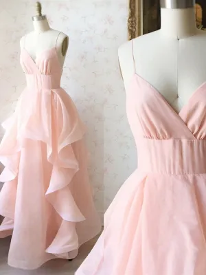 Stylish V Neck Long Pink Prom Dresses, Fluffy Pink Formal Evening Dresses, Pink Ball