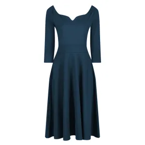 Teal Diamond Neckline 3/4 Sleeve Vintage Swing Midi Dress