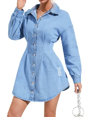 TEEK - Distressed Button Up Long Sleeve Denim Dress