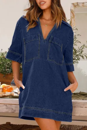 Turn-down Collar Short Sleeve Loose Denim Dress