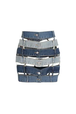 Versatile Multilayer Waistband Cutout Bodycon Button Up Denim Mini Skirt