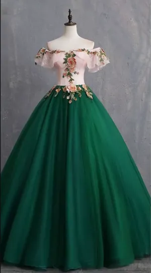 Vintage Dark Green Prom Dresses Ball Gown Appliques Lace Off The Shoulder Short Sleeve Backless Floor Length Long Formal Dresses